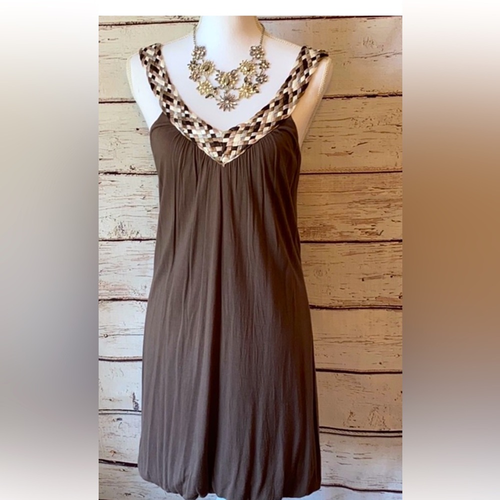 Brown Woven Collar Midi Dress M